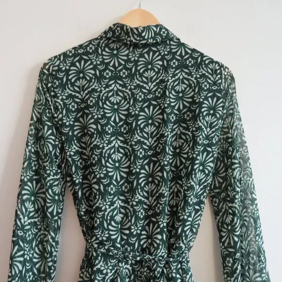 ZARA Sheer Leaf Print Belted Button Front Dress in Forest Green Boho - Size S - Picture 14 of 16